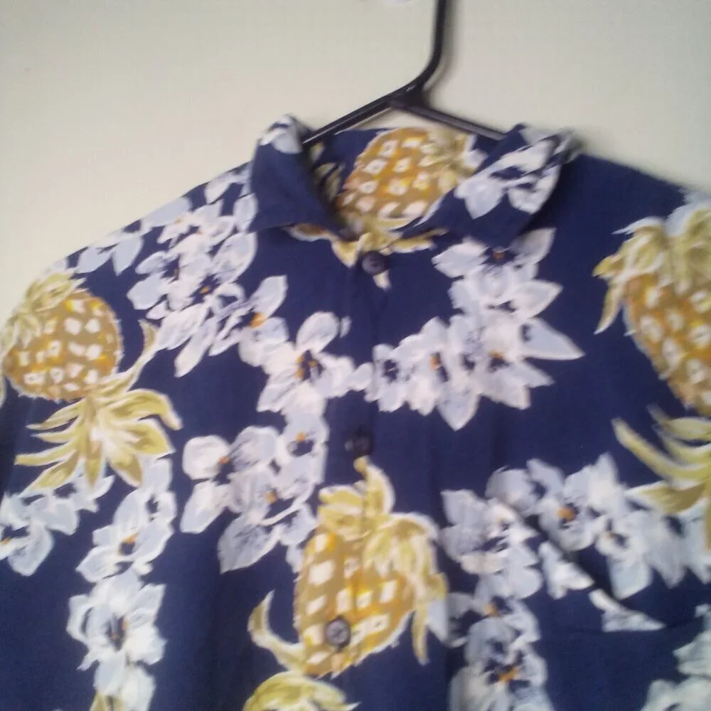 Newport Blue Shirt Men S Button Up Short Sleeve Tropical Floral Pineapple Blue - Picture 3 of 14